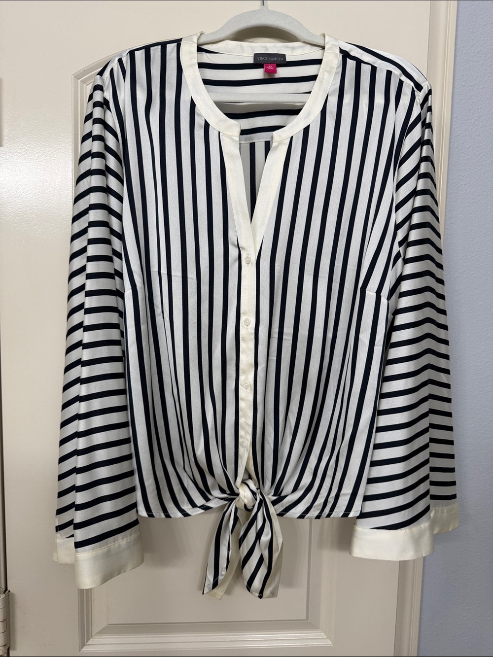 Vince Camino Navy & Ivory Vertical Stripe Tie-Front Blouse 2X